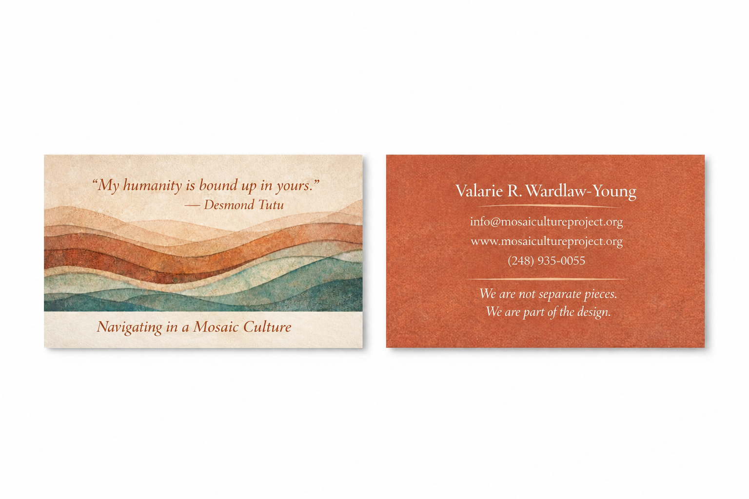 Mosaic Culture card front with layered terracotta, sand, and teal waves. My humanity is bound up in yours — Desmond Tutu. Navigating in a Mosaic Culture.
