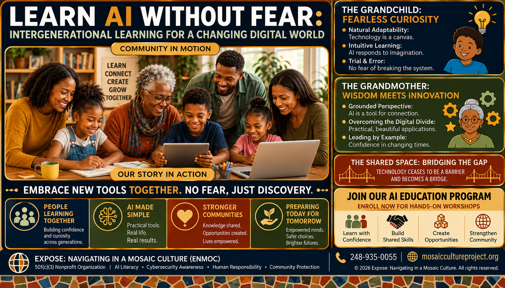 Learn AI Without Fear board showing children, adults, and older adults learning together, with the message: Embrace new tools together. No fear, just discovery.